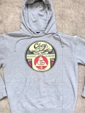 Obey Men’s Light Gray Crewneck Hoodie with Yellow & Red Graphic